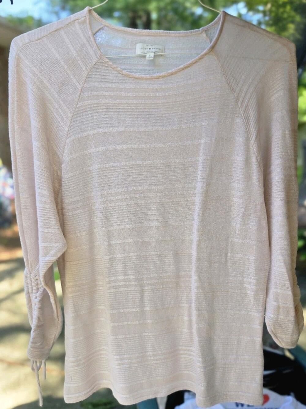 Lucky Brand Linen Beige Metallic Strips Scoop Neck Reglan Tunic Sweater L